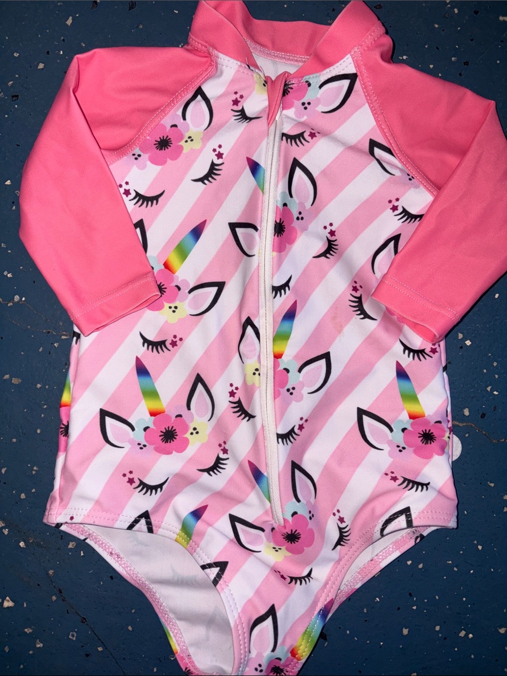 Girls Pink Unicorn Stripe Zip Rash Guard Swimsuit 3 t